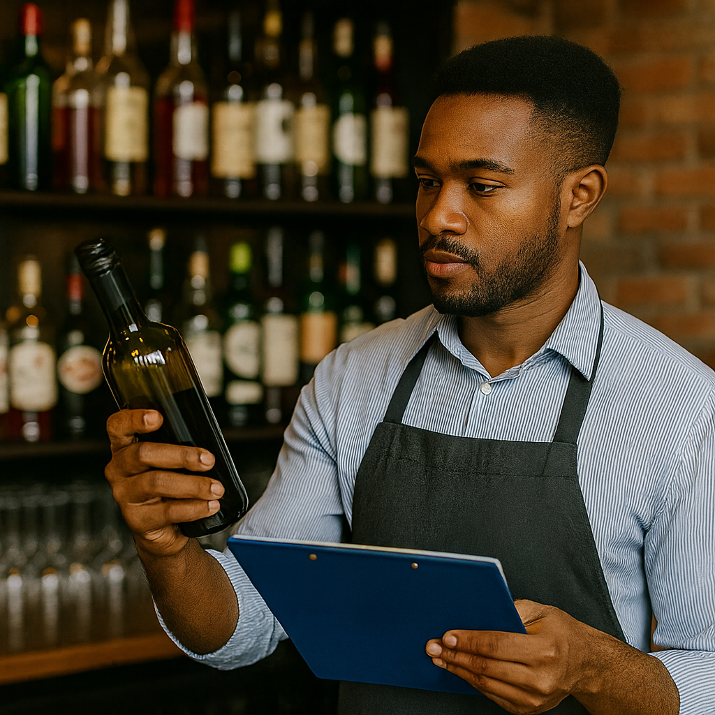 Bartender checking bar inventory in South Africa