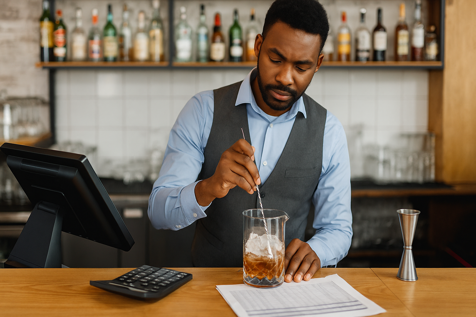 Bartender in South Africa using a pour cost calculator with POS system and inventory records