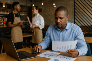 South African restaurant owner reviewing fixed and variable costs with inventory reports and staff in background