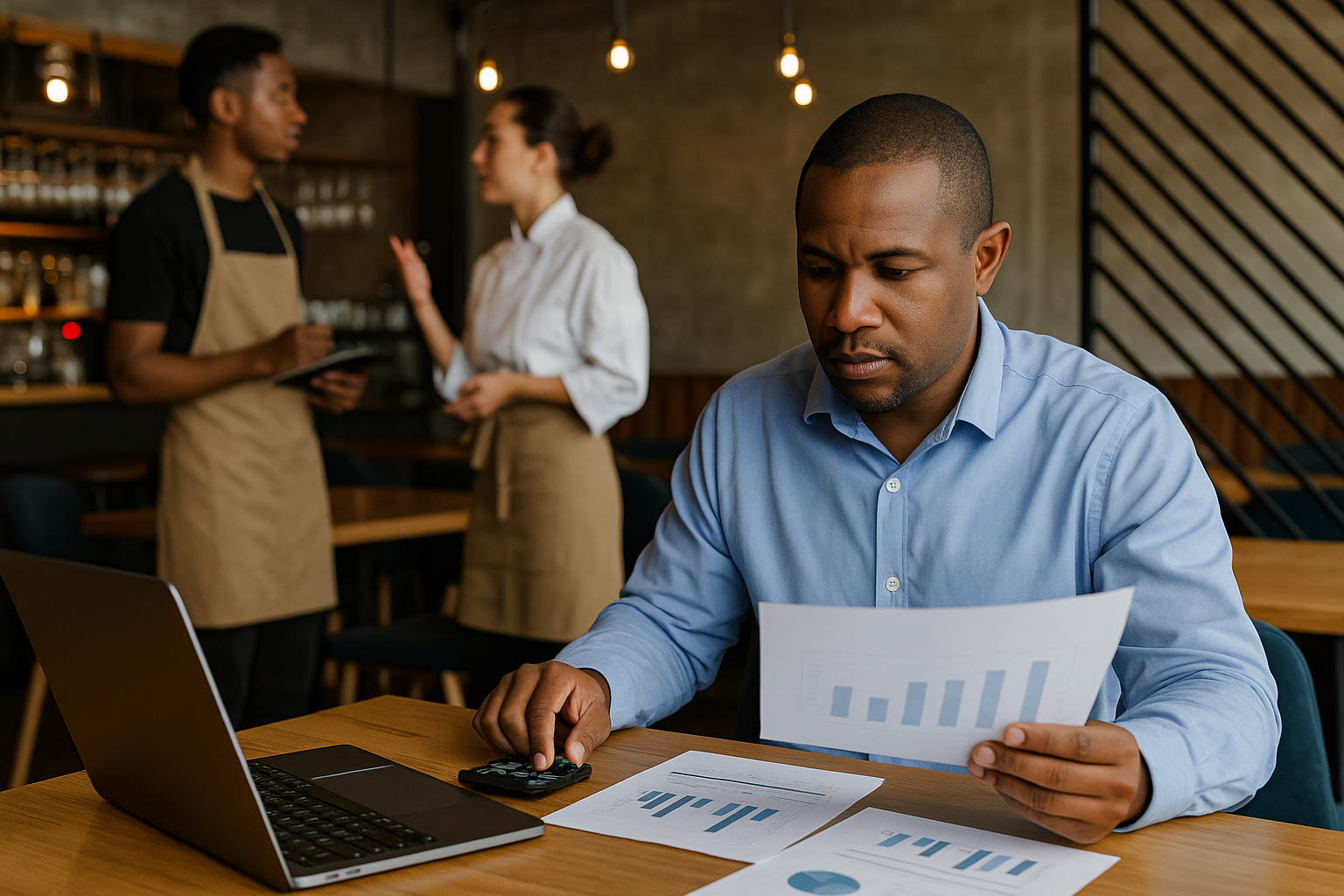 South African restaurant owner reviewing fixed and variable costs with inventory reports and staff in background